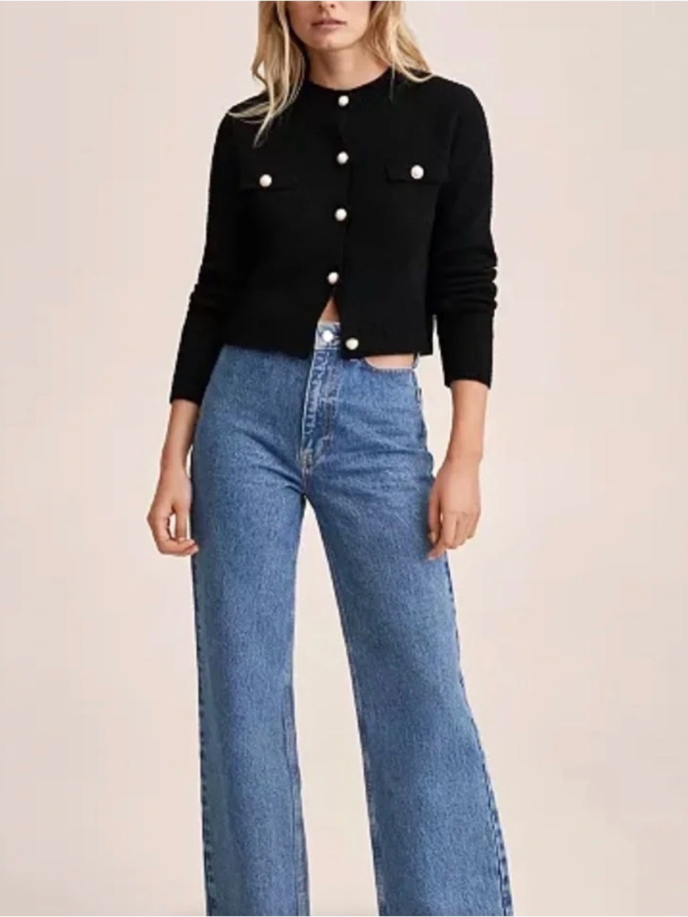 Mango Black Cropped Pearl-Button Knit Cardigan - Picture 2 of 5